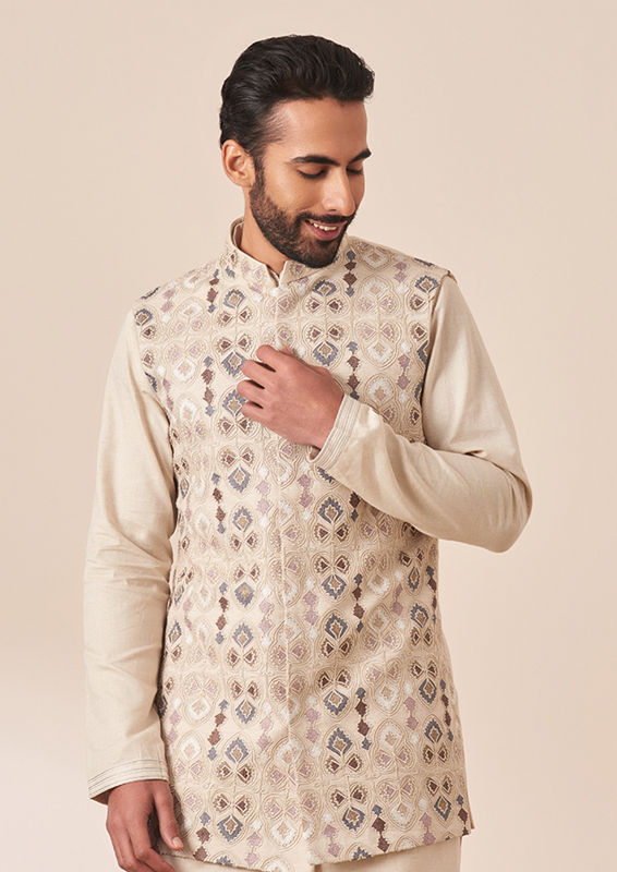 Twamev Men Cream Kurta Jacket Set with Multicolor Motifs image number 0