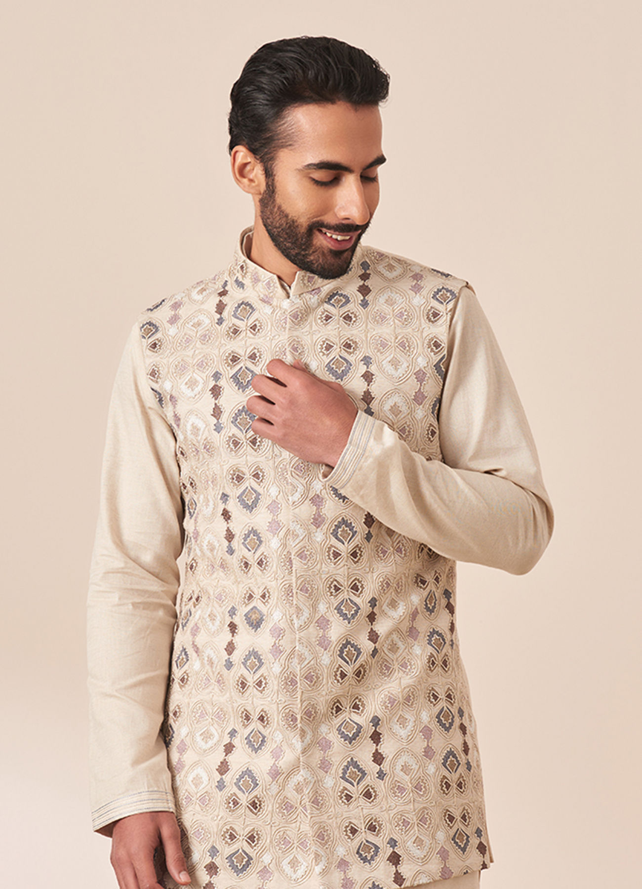 Twamev Men Cream Kurta Jacket Set with Multicolor Motifs