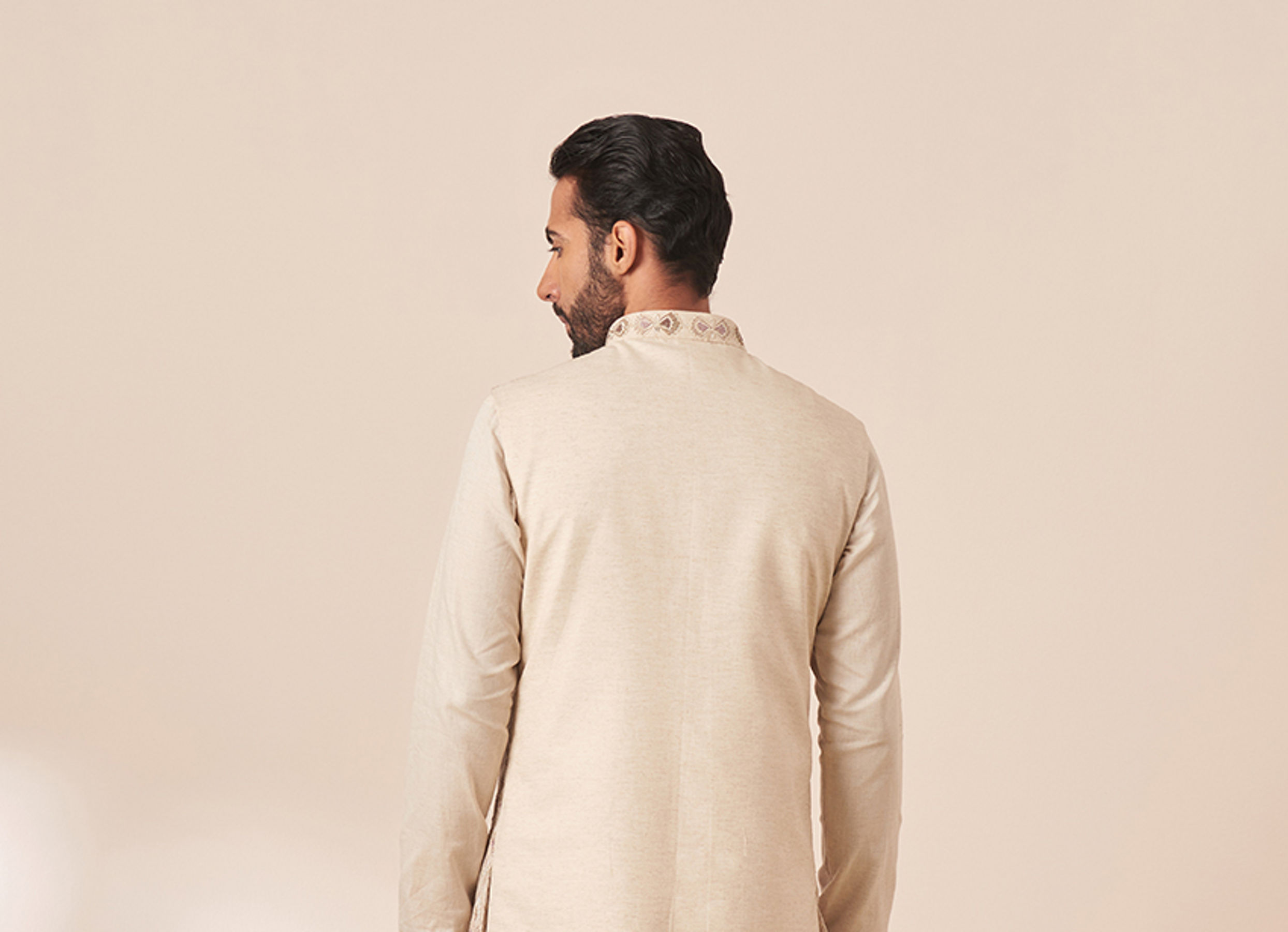 Twamev Men Cream Kurta Jacket Set with Multicolor Motifs