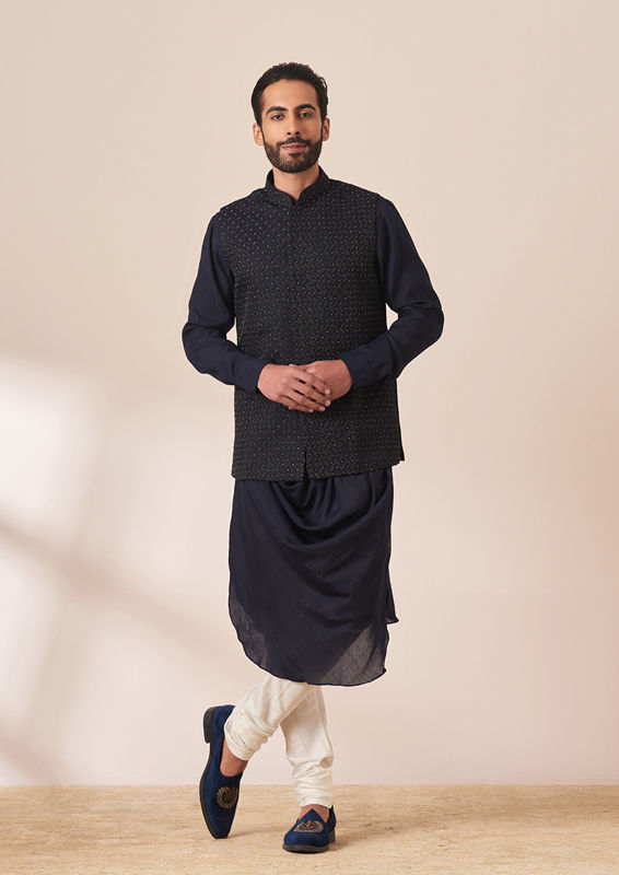 Twamev Men Dark Navy Blue Draped Kurta Jacket Set image number 2