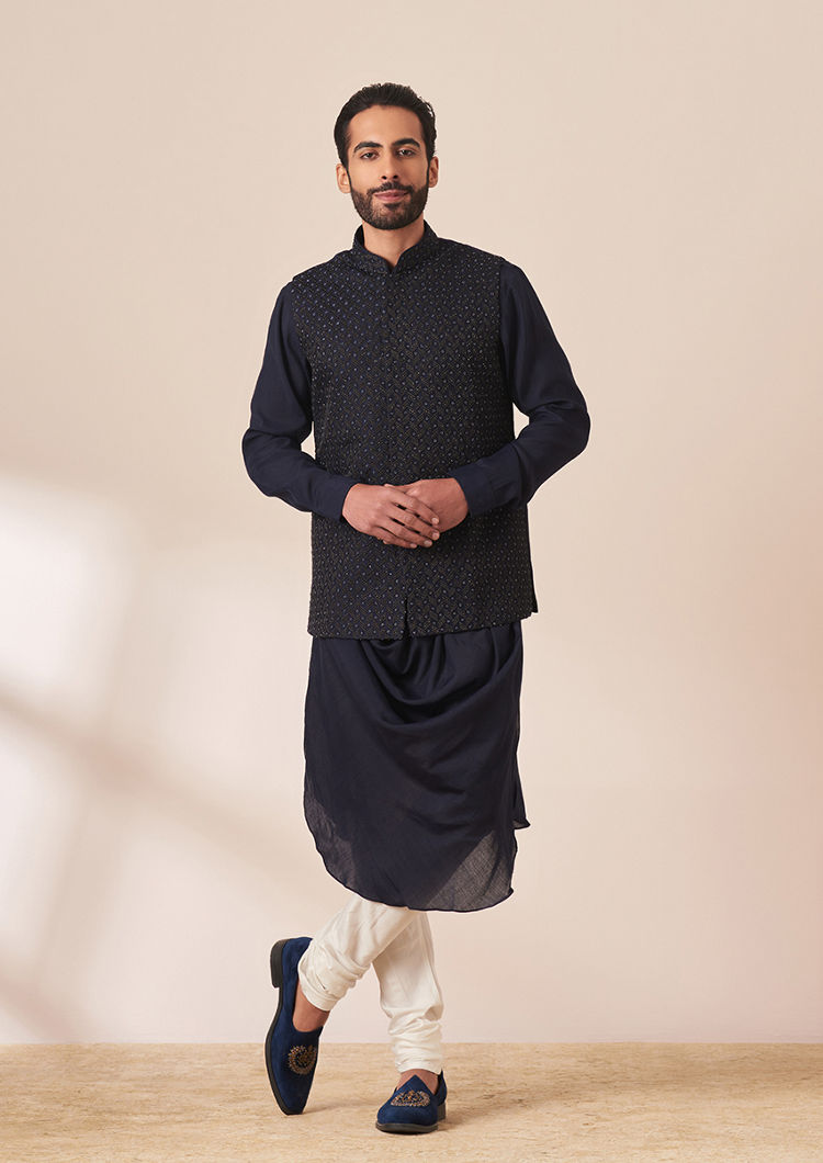 Twamev Men Dark Navy Blue Draped Kurta Jacket Set