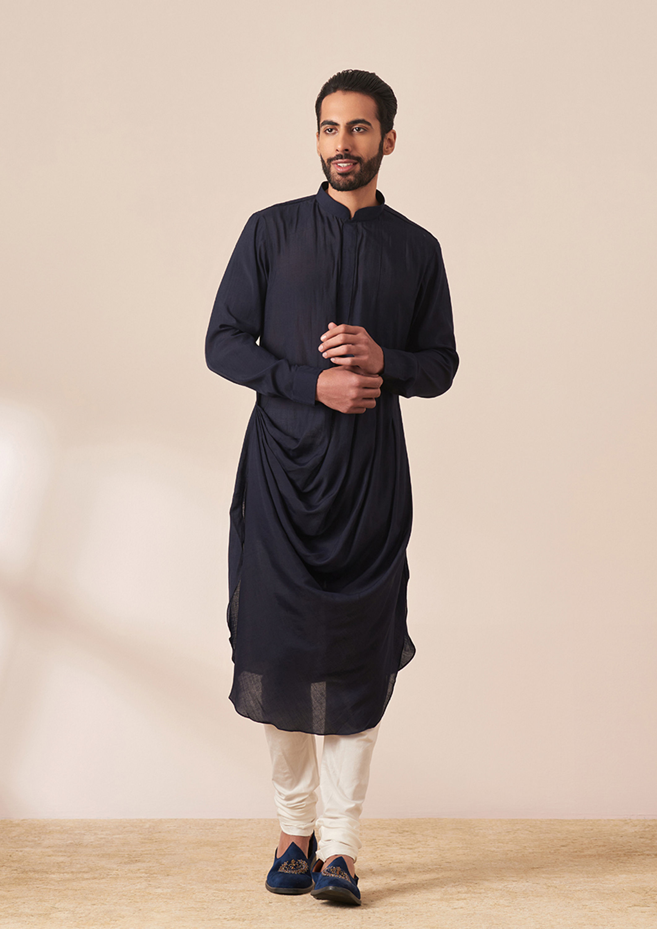 Twamev Men Dark Navy Blue Draped Kurta Jacket Set image number 1