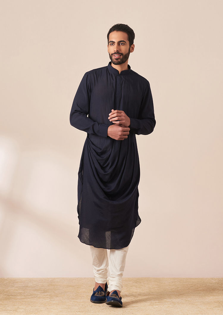 Twamev Men Dark Navy Blue Draped Kurta Jacket Set