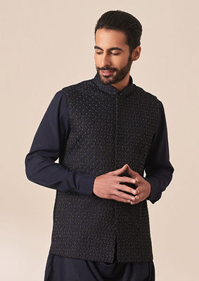 alt message - Twamev Men Dark Navy Blue Draped Kurta Jacket Set image number 0