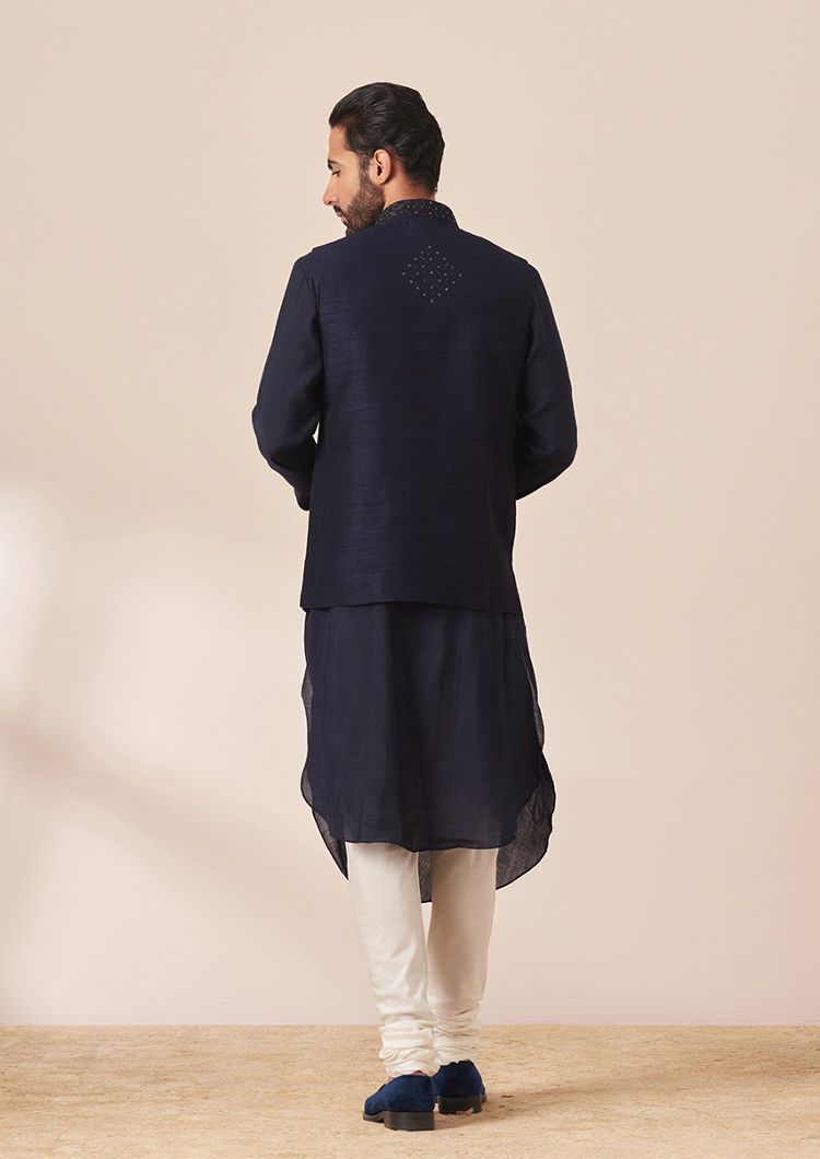 Twamev Men Dark Navy Blue Draped Kurta Jacket Set