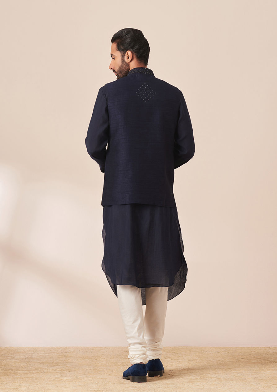 alt message - Twamev Men Dark Navy Blue Draped Kurta Jacket Set image number 3