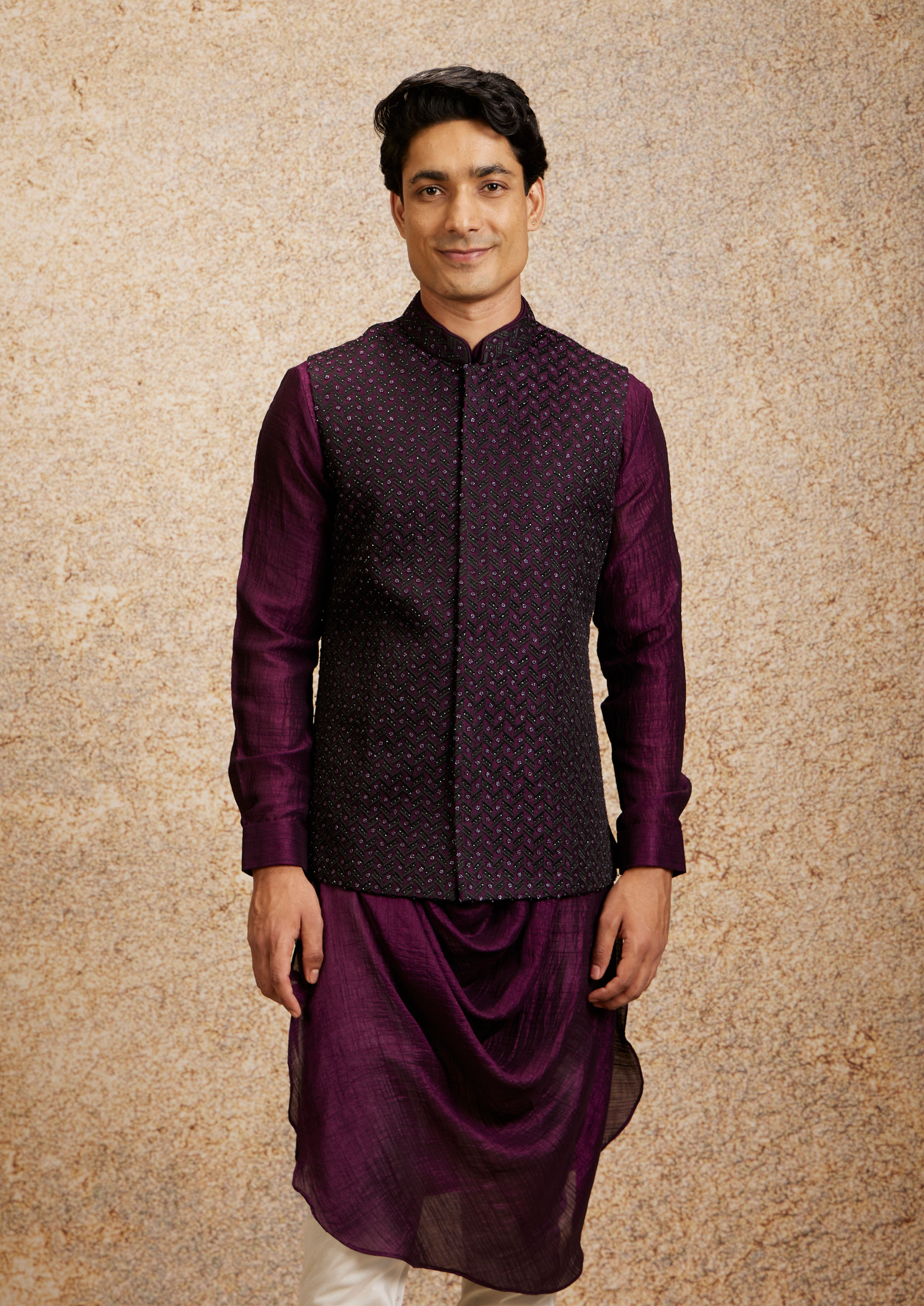 Twamev Men Vibrant Wine Kurta Jacket Set image number 0