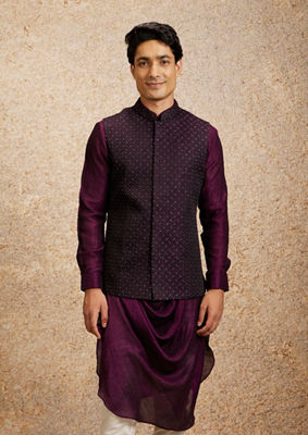 alt message - Twamev Men Vibrant Wine Kurta Jacket Set image number 0