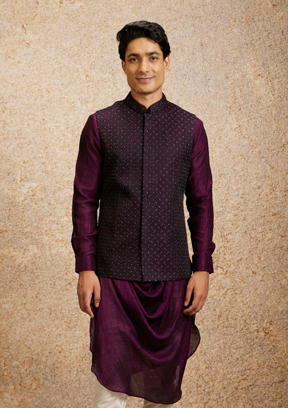 Twamev Men Vibrant Wine Kurta Jacket Set