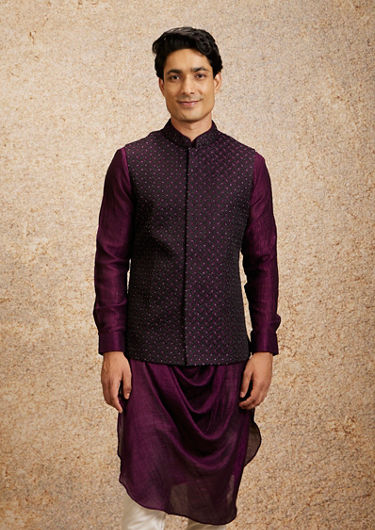 alt message - Twamev Men Vibrant Wine Kurta Jacket Set image number 0