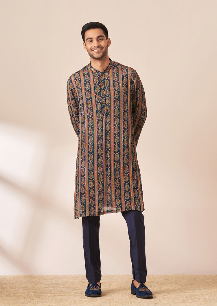 Twamev Men Dark Blue Bandhej Kurta Jacket Set