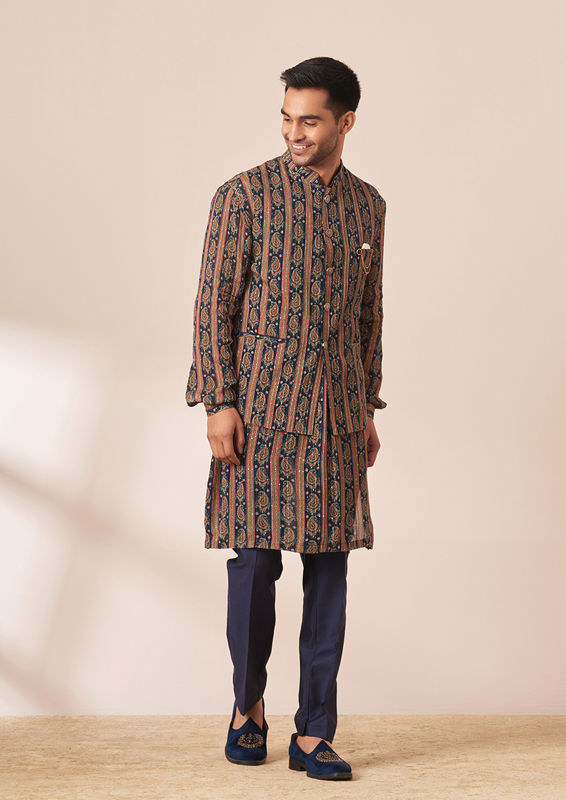 Twamev Men Dark Blue Bandhej Kurta Jacket Set