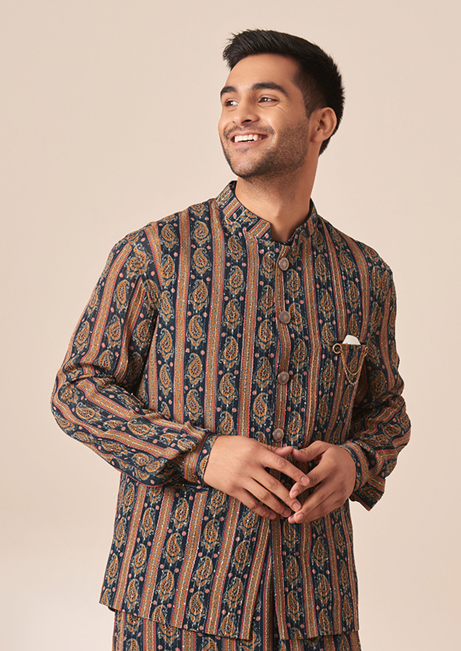 Twamev Men Dark Blue Bandhej Kurta Jacket Set