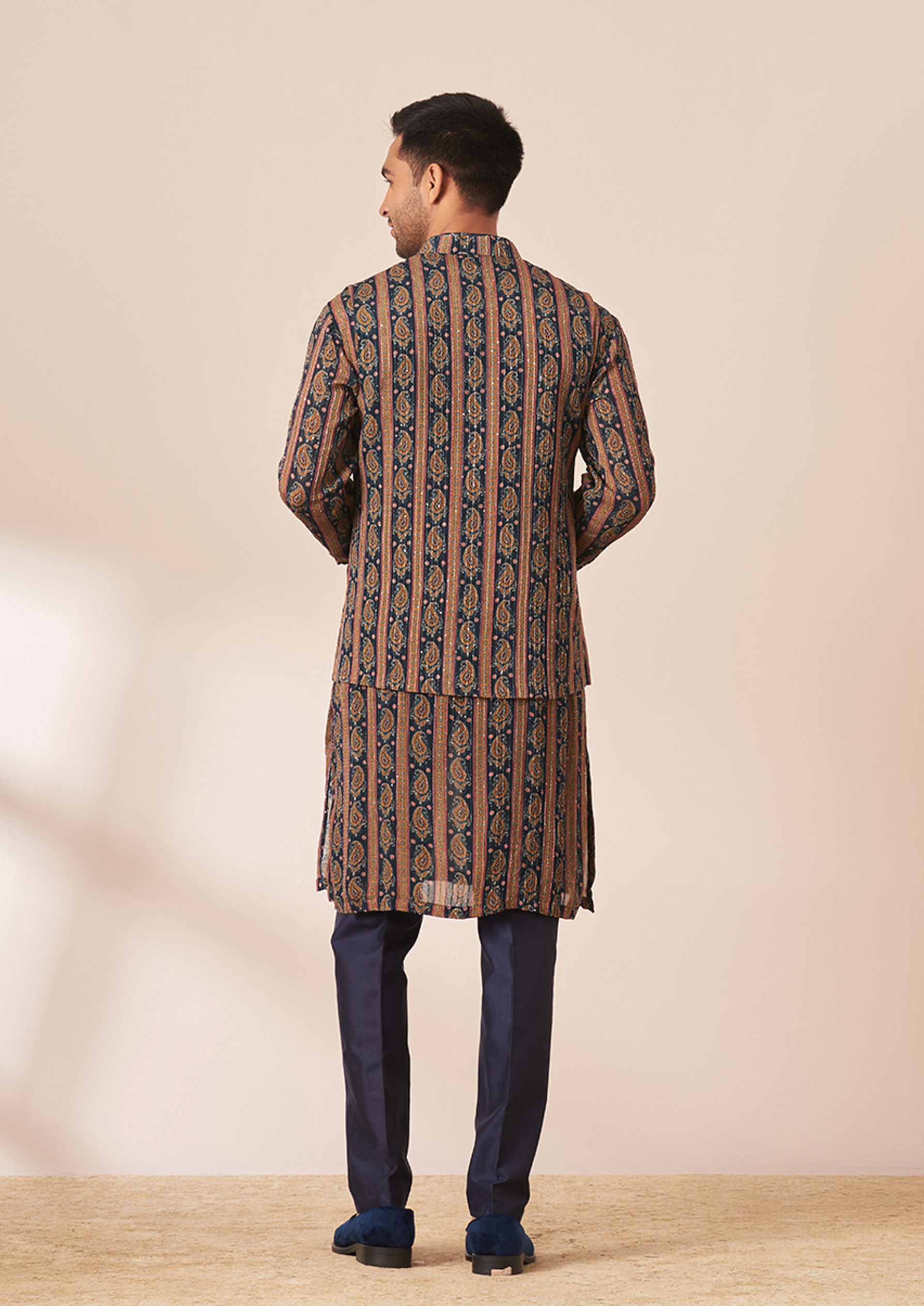 Twamev Men Dark Blue Bandhej Kurta Jacket Set