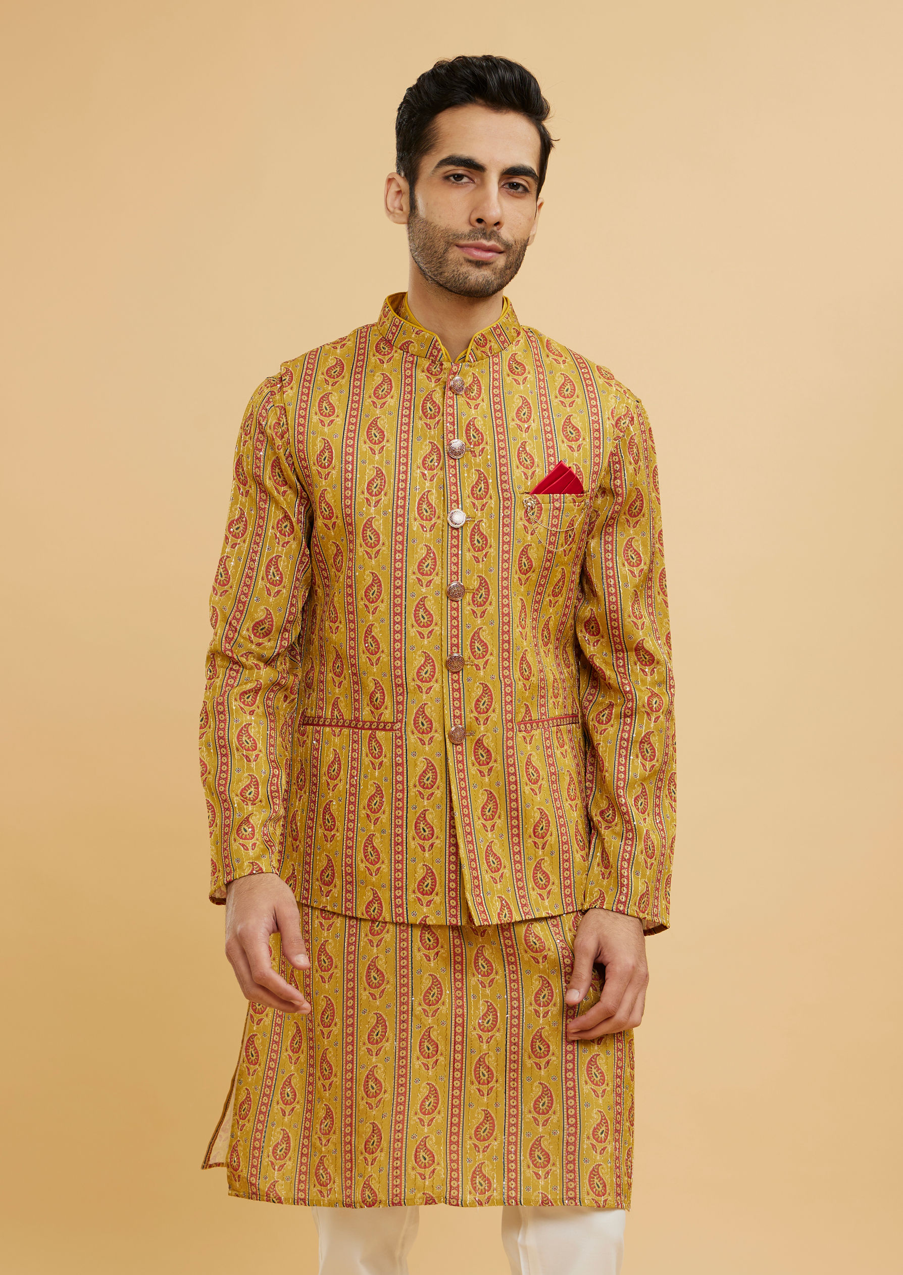 Twamev Men Mustard Yellow Paisley Patterned Kurta Jacket Set image number 0