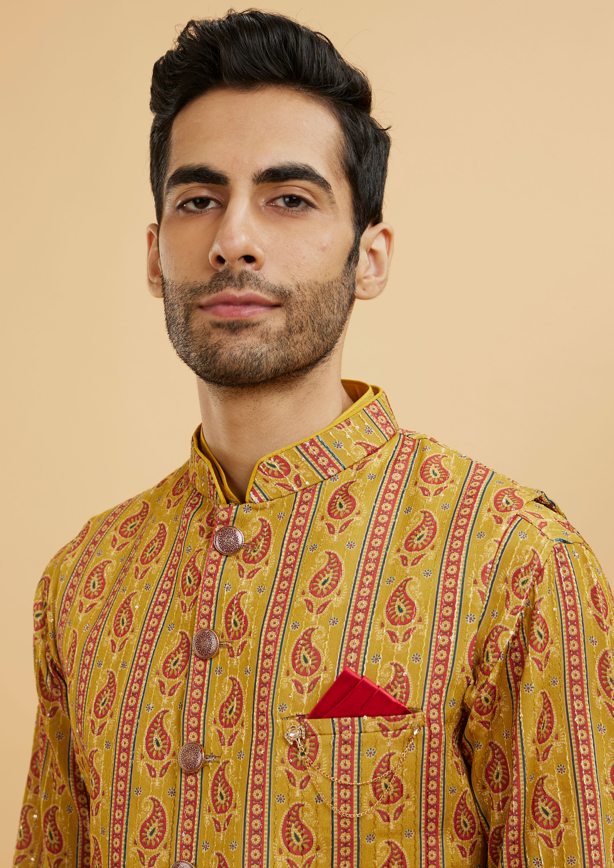 Twamev Men Mustard Yellow Paisley Patterned Kurta Jacket Set image number 1