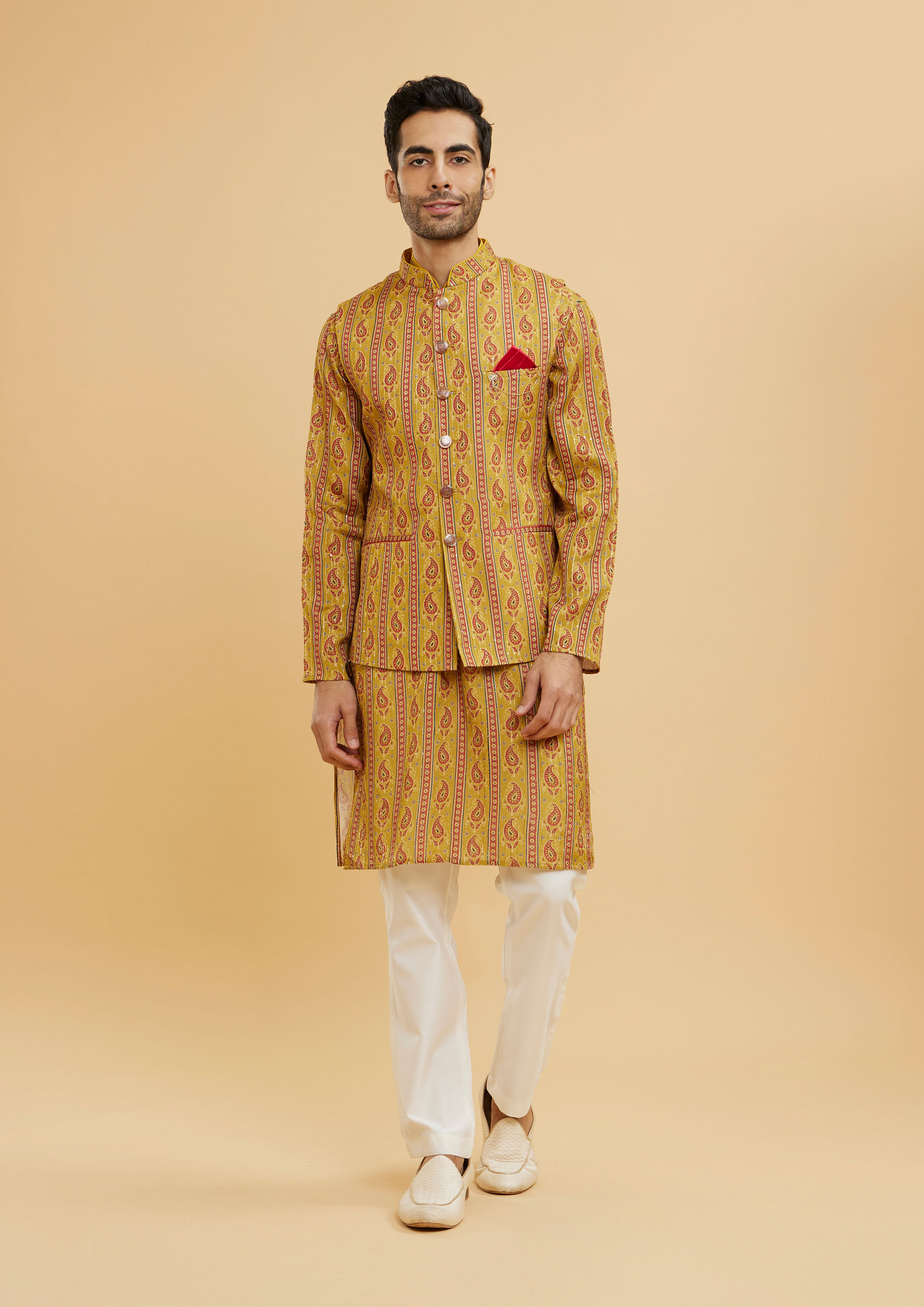 Twamev Men Mustard Yellow Paisley Patterned Kurta Jacket Set image number 2