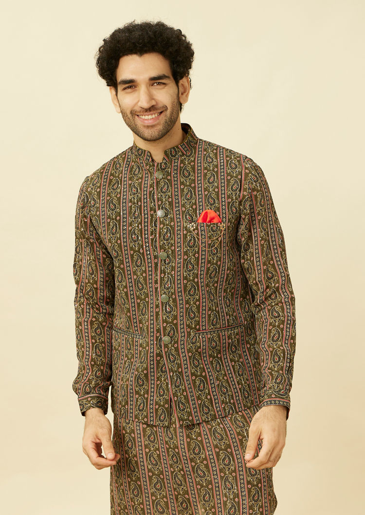 Twamev Men Luxe Olive Elegance Kurta Jacket Set