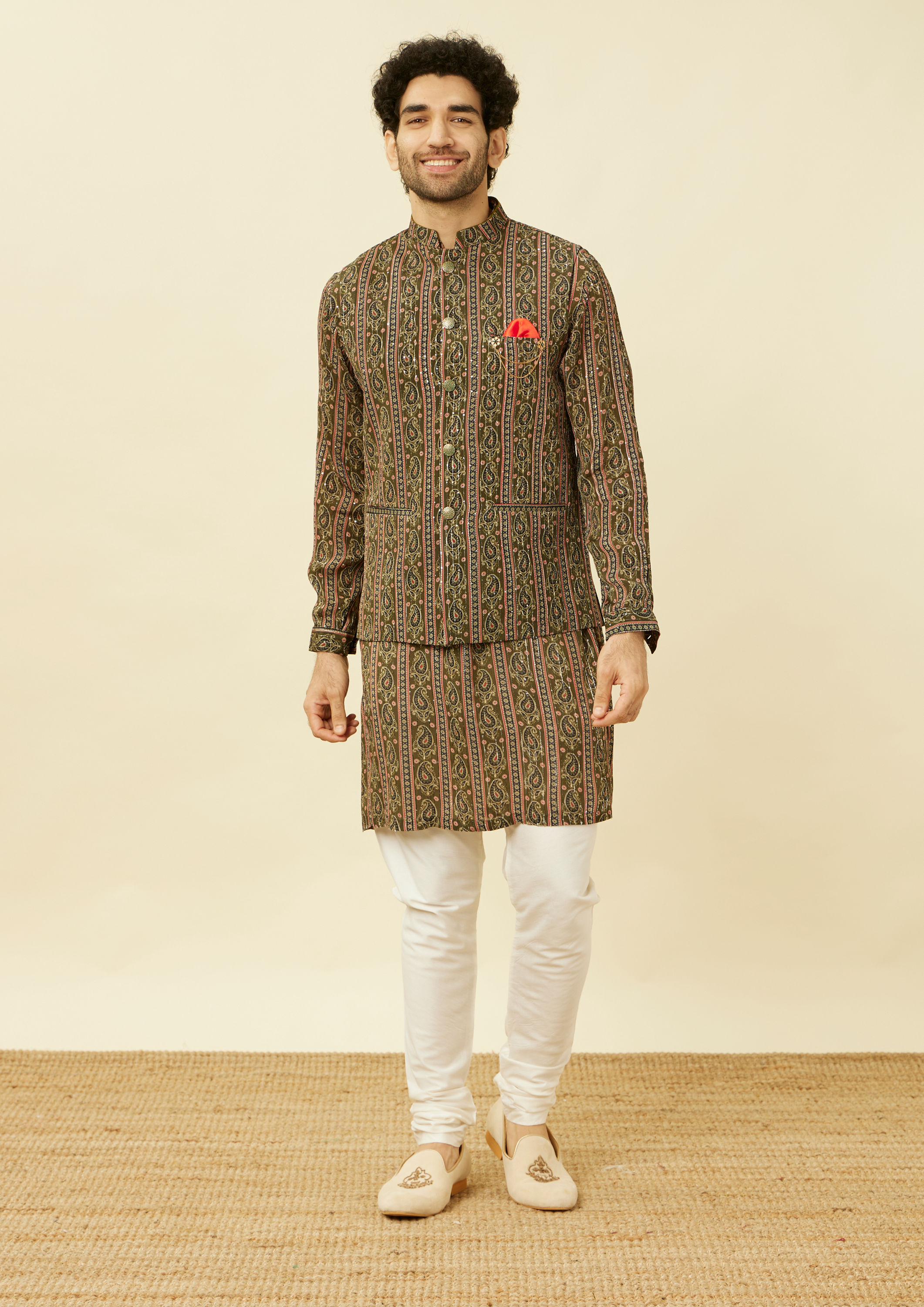 Twamev Men Luxe Olive Elegance Kurta Jacket Set