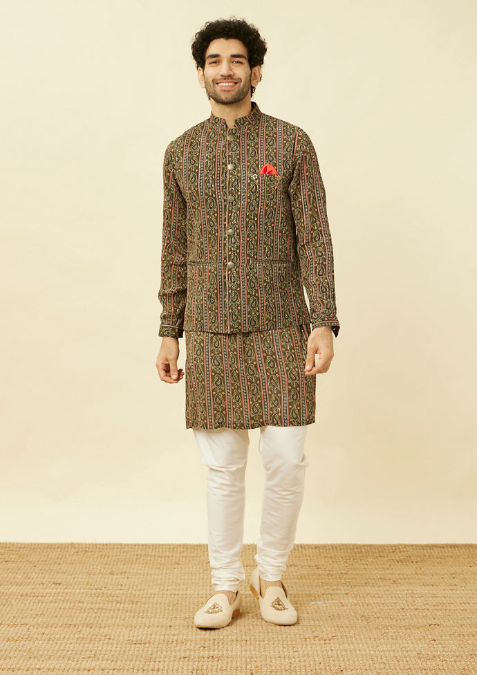 alt message - Twamev Men Luxe Olive Elegance Kurta Jacket Set image number 2