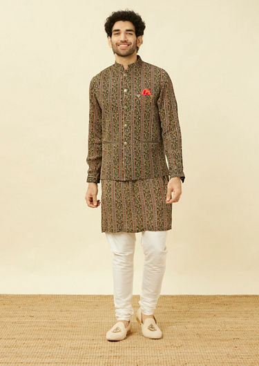 alt message - Twamev Men Luxe Olive Elegance Kurta Jacket Set image number 2