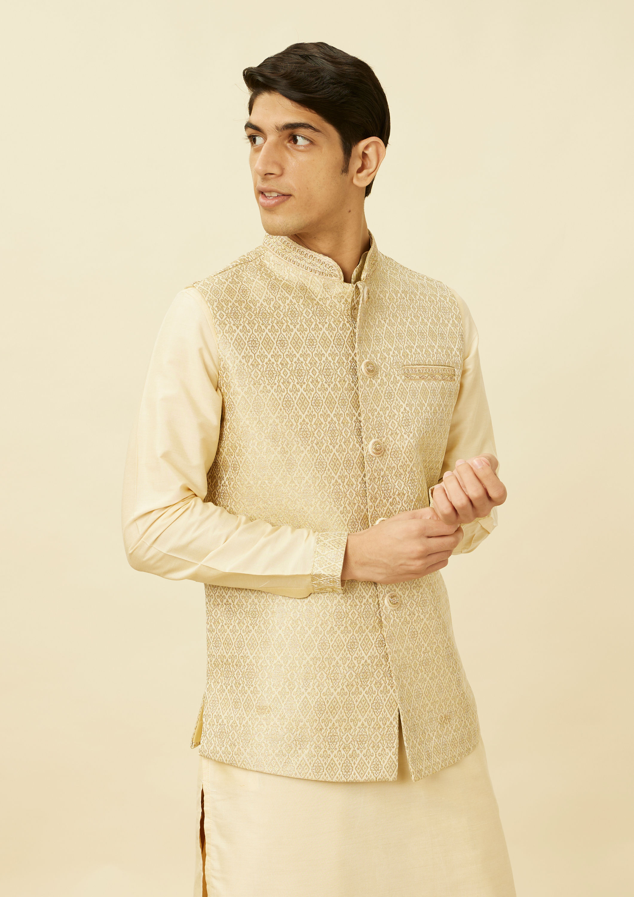 Twamev Men Biscuit Woven Kurta Jacket Set image number 0