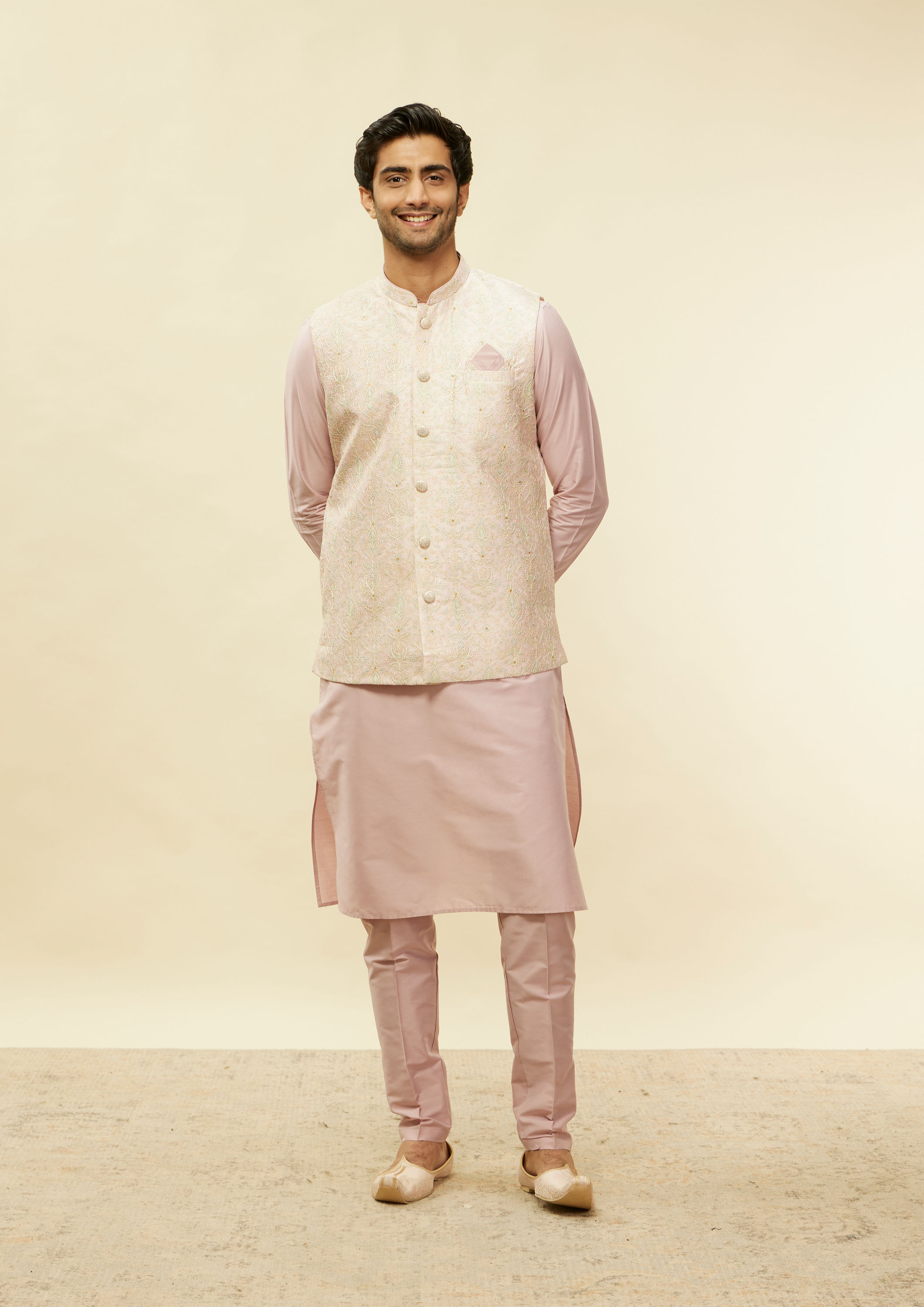 Twamev Men Rani Pink Imperial Paisley Patterned Kurta Jacket Set