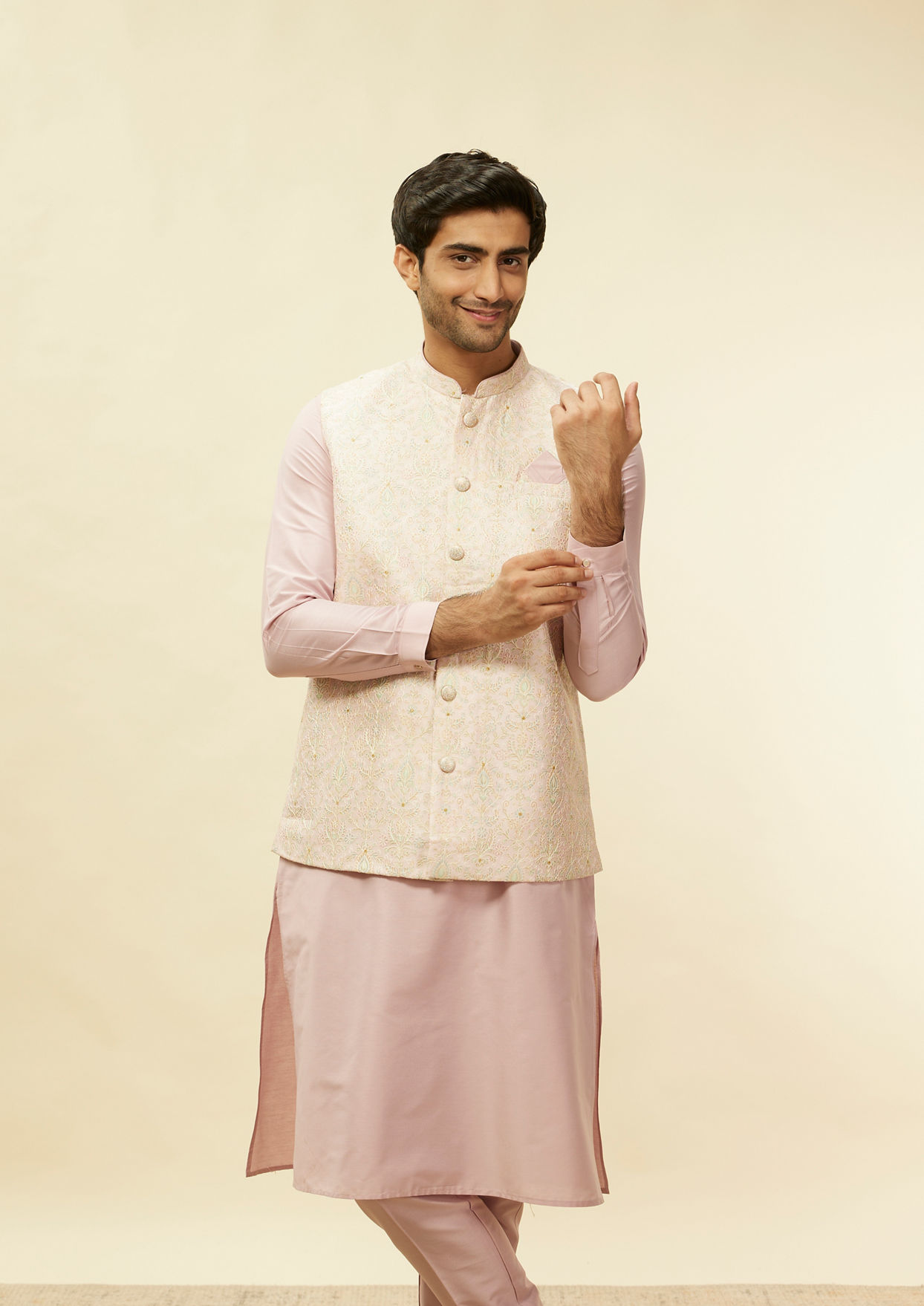 alt message - Twamev Men Rani Pink Imperial Paisley Patterned Kurta Jacket Set image number 0