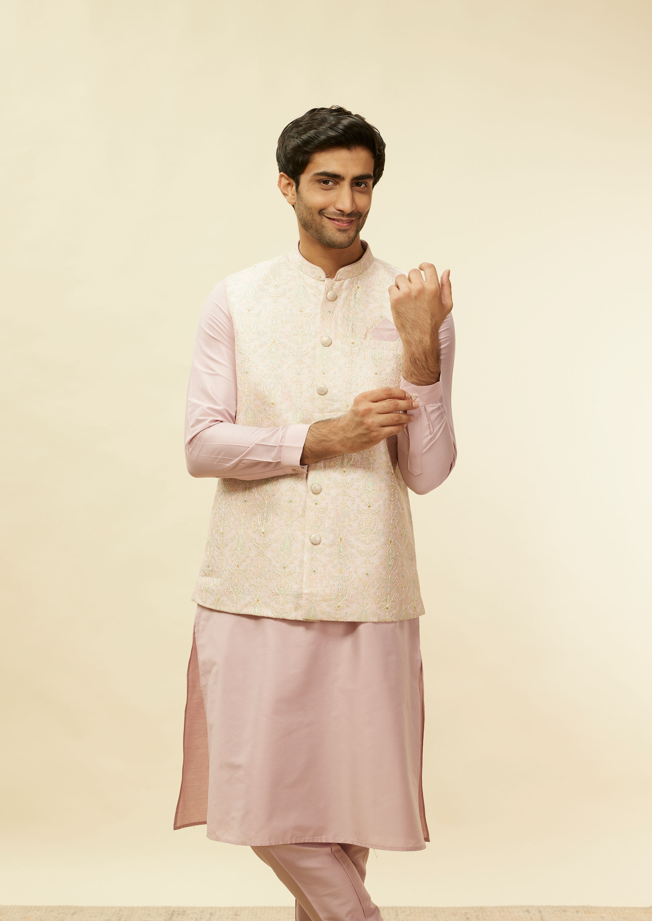 Twamev Men Rani Pink Imperial Paisley Patterned Kurta Jacket Set image number 0