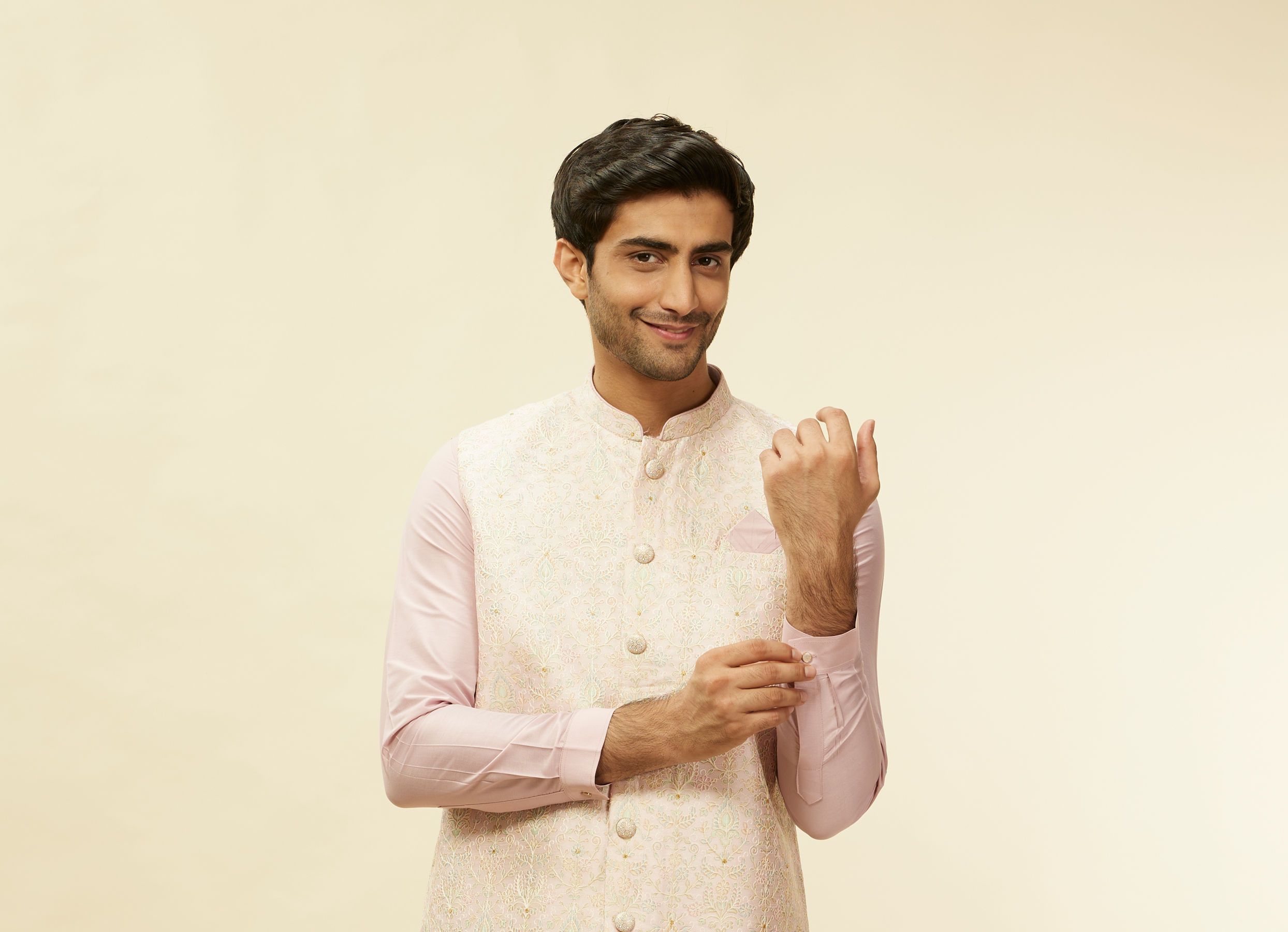 Twamev Men Rani Pink Imperial Paisley Patterned Kurta Jacket Set