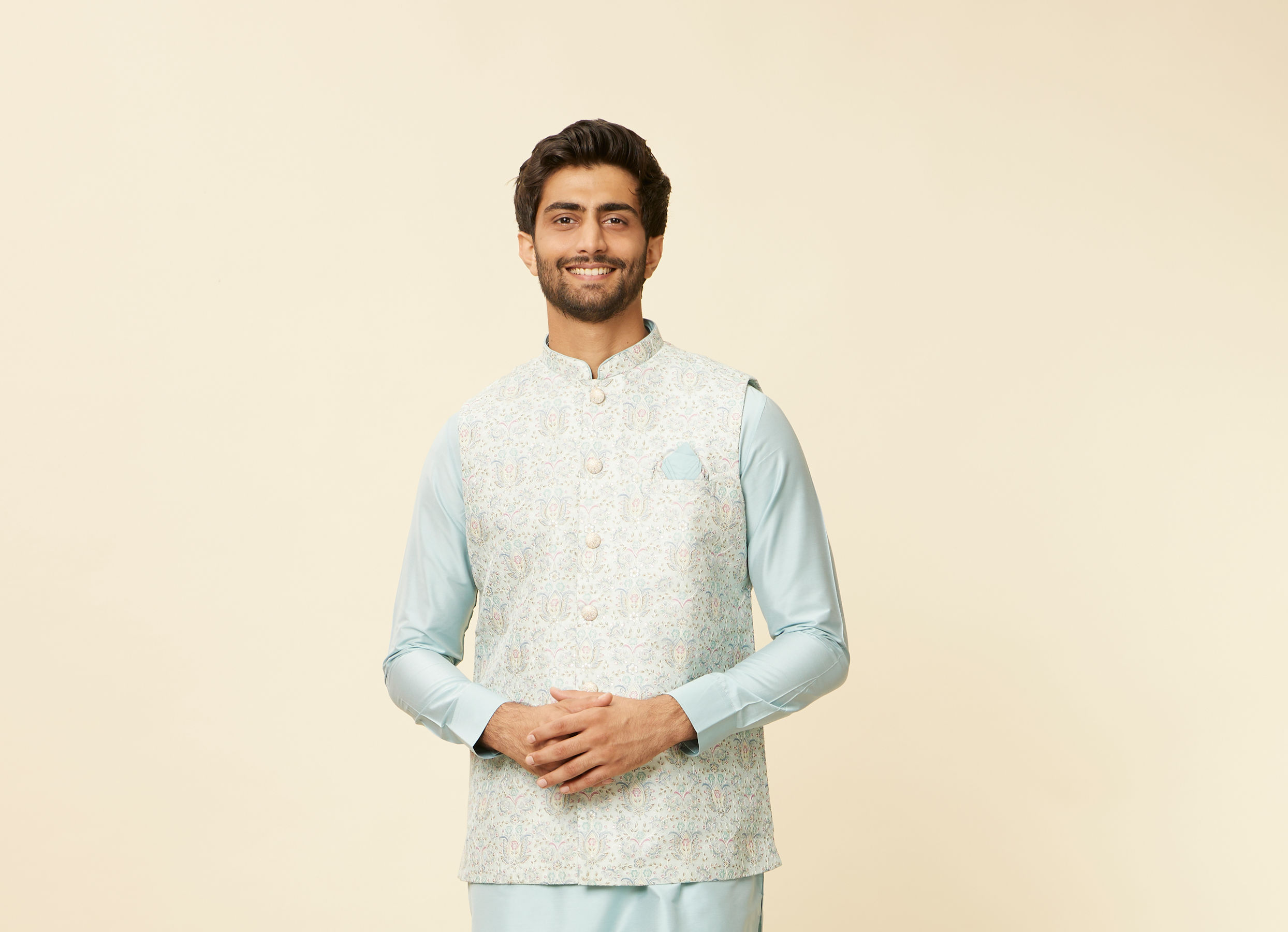 Twamev Men Light Blue Bel Buti Patterned Jacket set