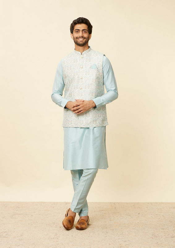 Twamev Men Light Blue Bel Buti Patterned Jacket set image number 3