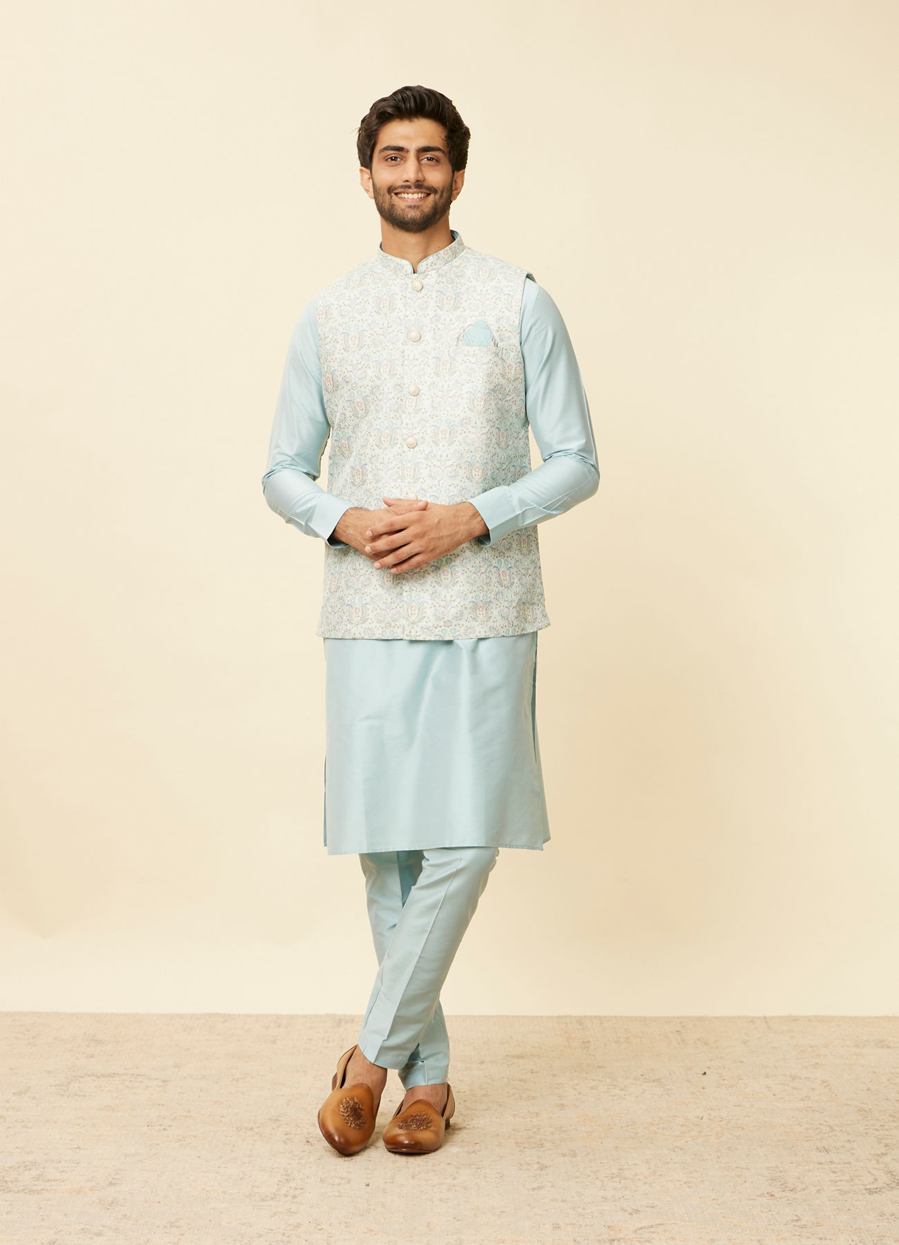 Twamev Men Light Blue Bel Buti Patterned Jacket set