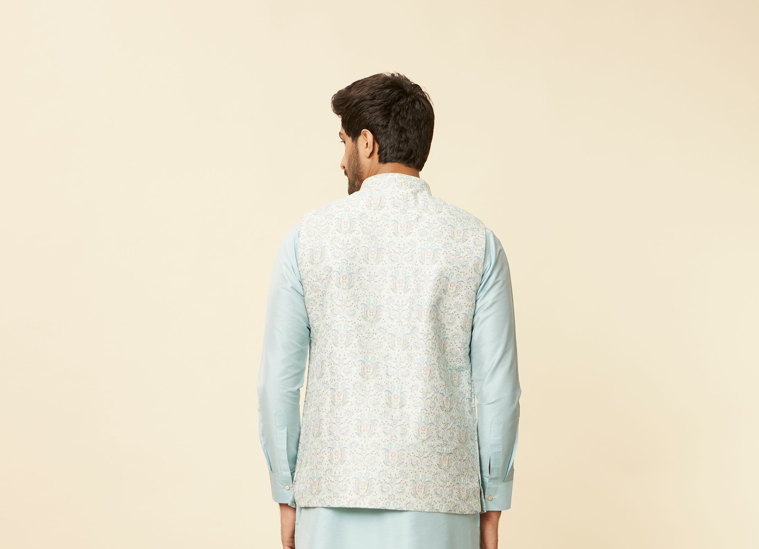 Twamev Men Light Blue Bel Buti Patterned Jacket set