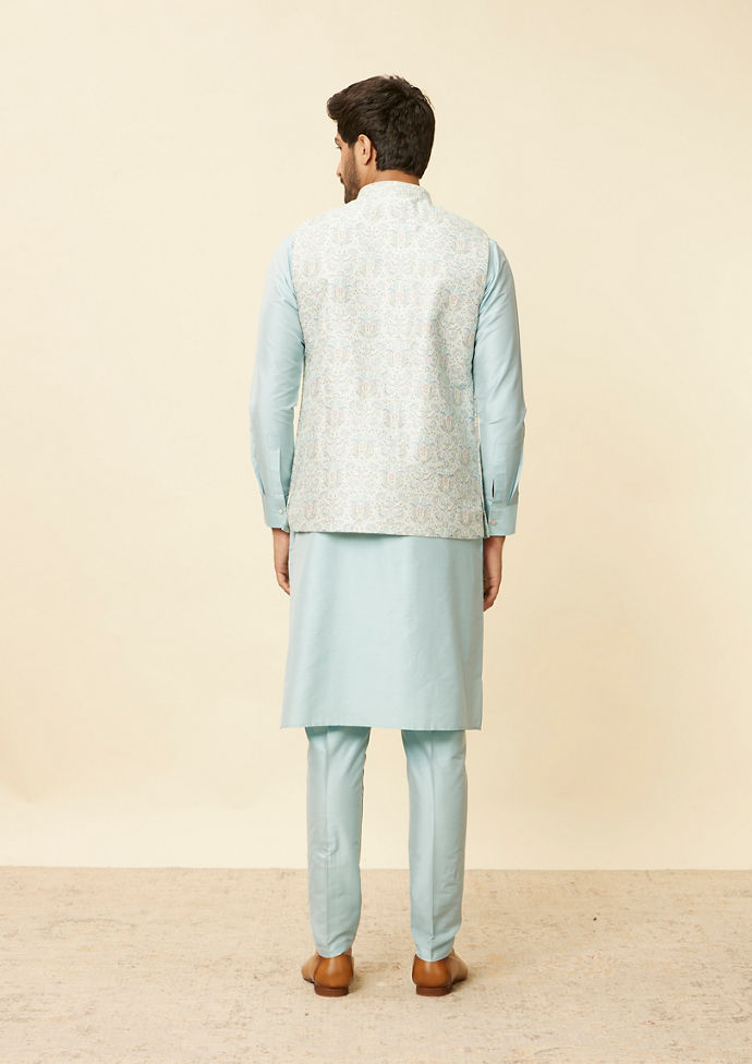 Twamev Men Light Blue Bel Buti Patterned Jacket set