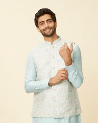 Twamev Men Light Blue Bel Buti Patterned Jacket set