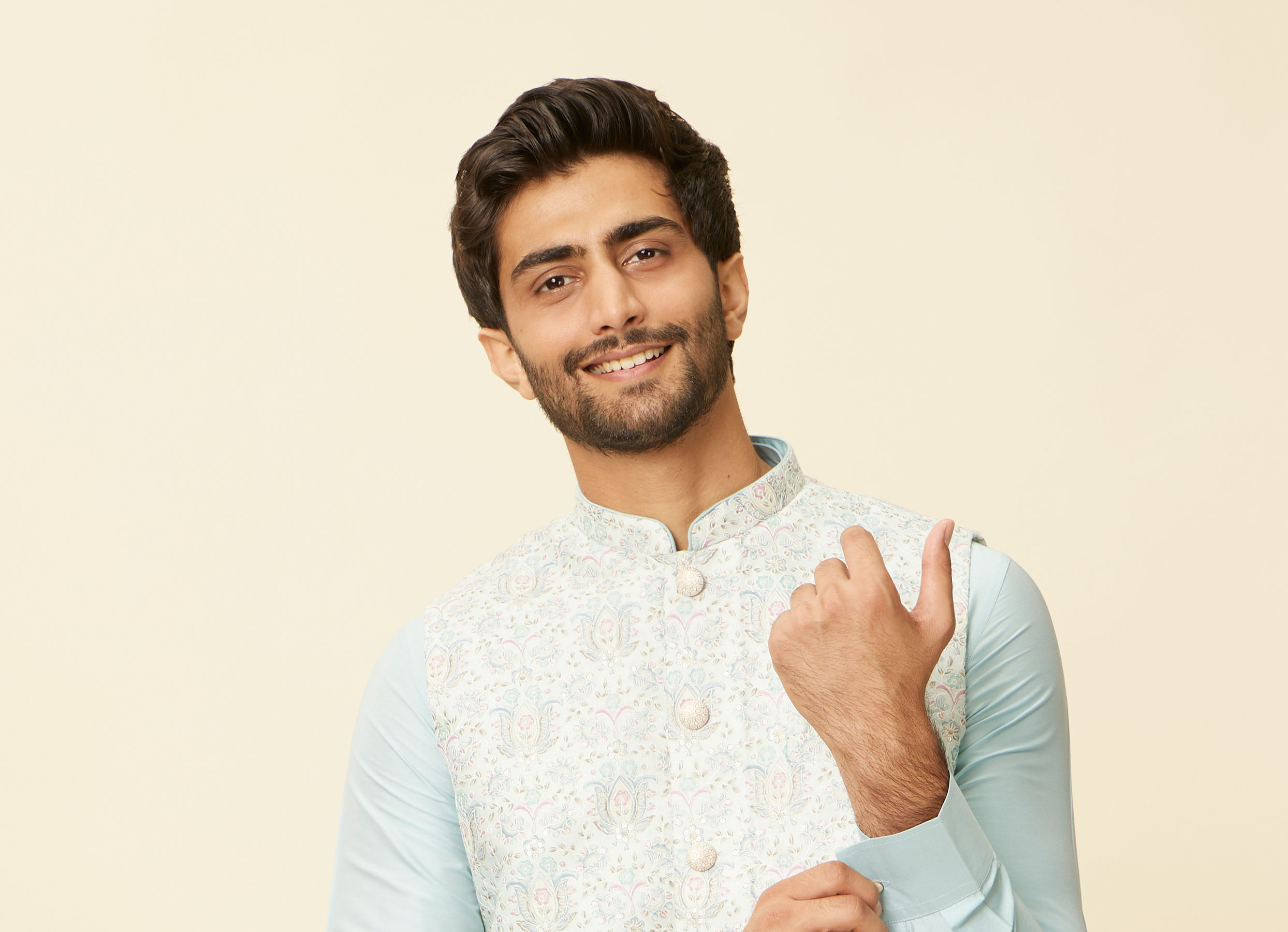 Twamev Men Light Blue Bel Buti Patterned Jacket set