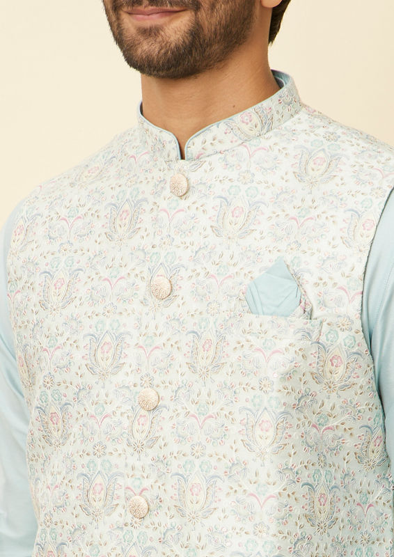 Twamev Men Light Blue Bel Buti Patterned Jacket set image number 1