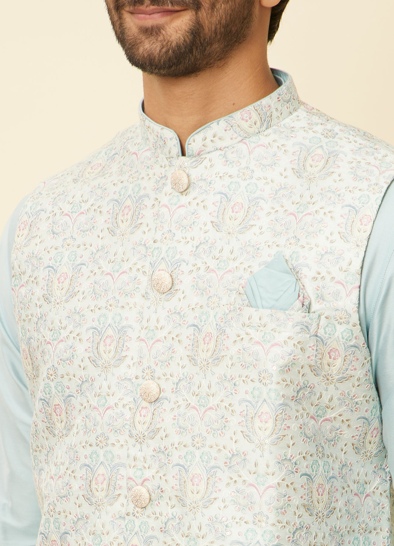 Twamev Men Light Blue Bel Buti Patterned Jacket set