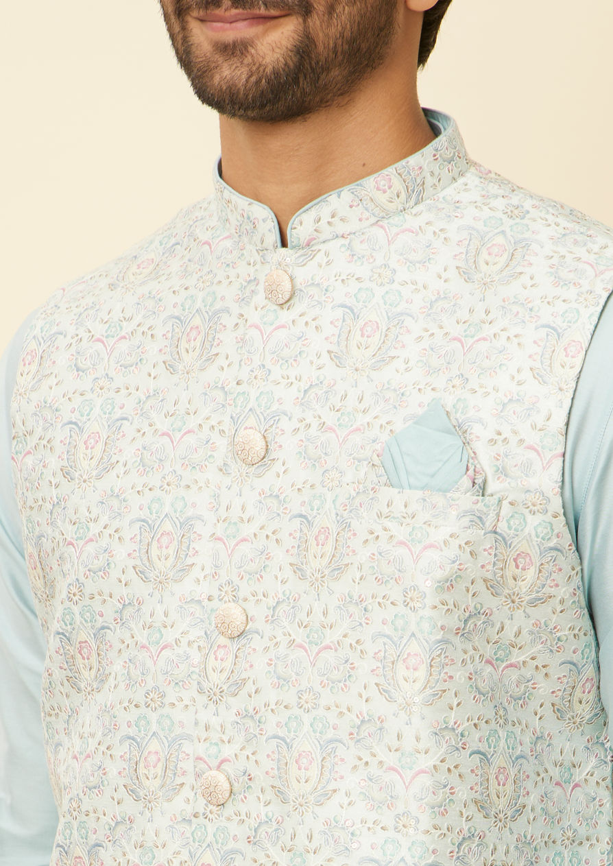 alt message - Twamev Men Light Blue Bel Buti Patterned Jacket set image number 1