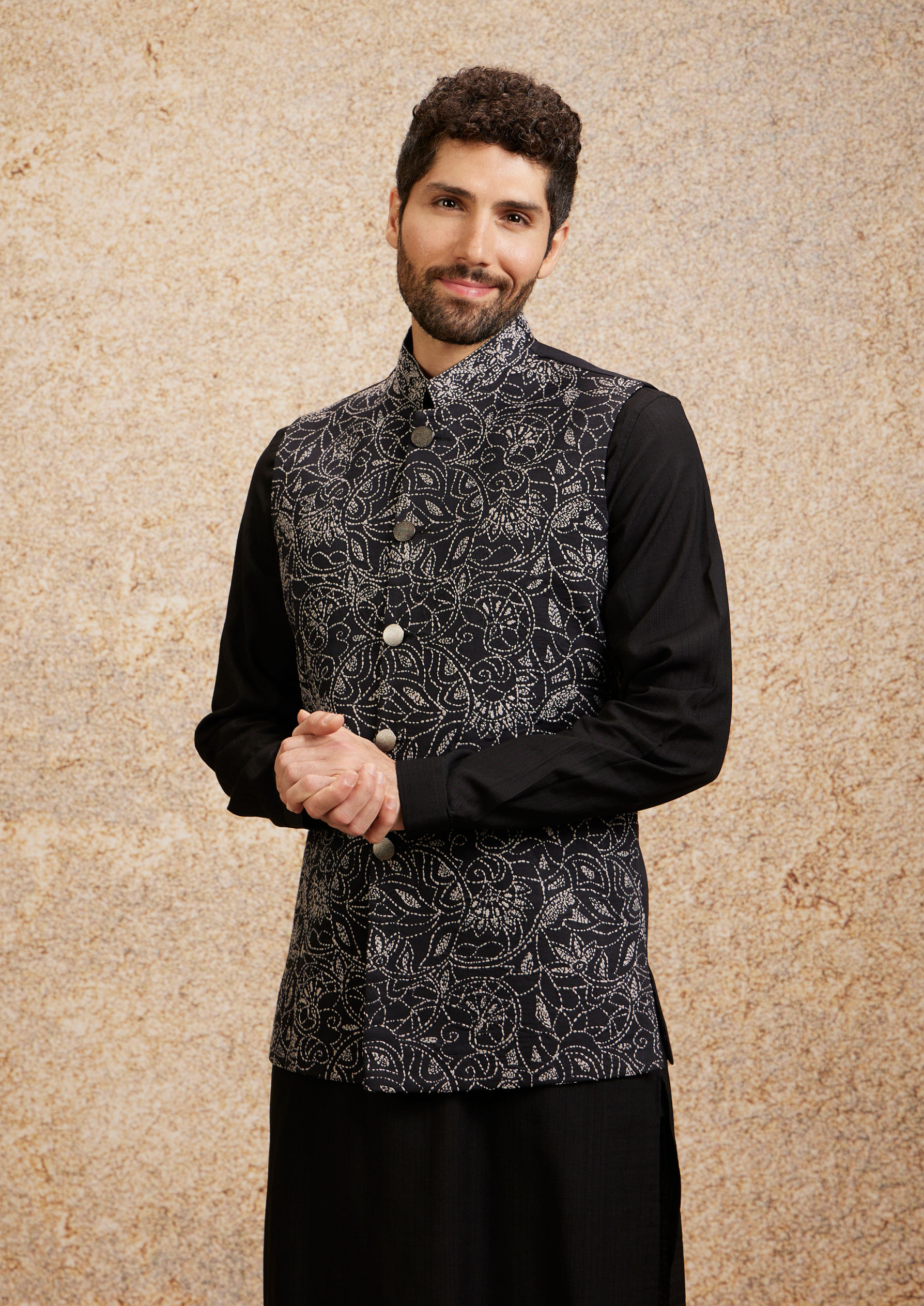 alt message - Twamev Men Ebony Floral Fusion Jacket Set image number 0