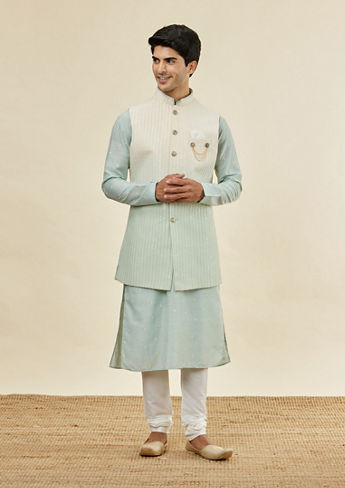 alt message - Twamev Men Aqua Radiance Kurta Jacket Set image number 3