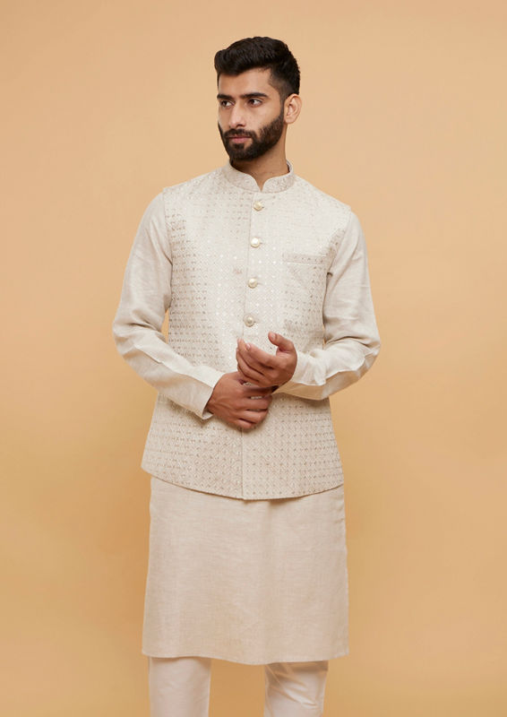 Twamev Men Natural Beige Lattice Patterned Jacket Set with Sequin Work