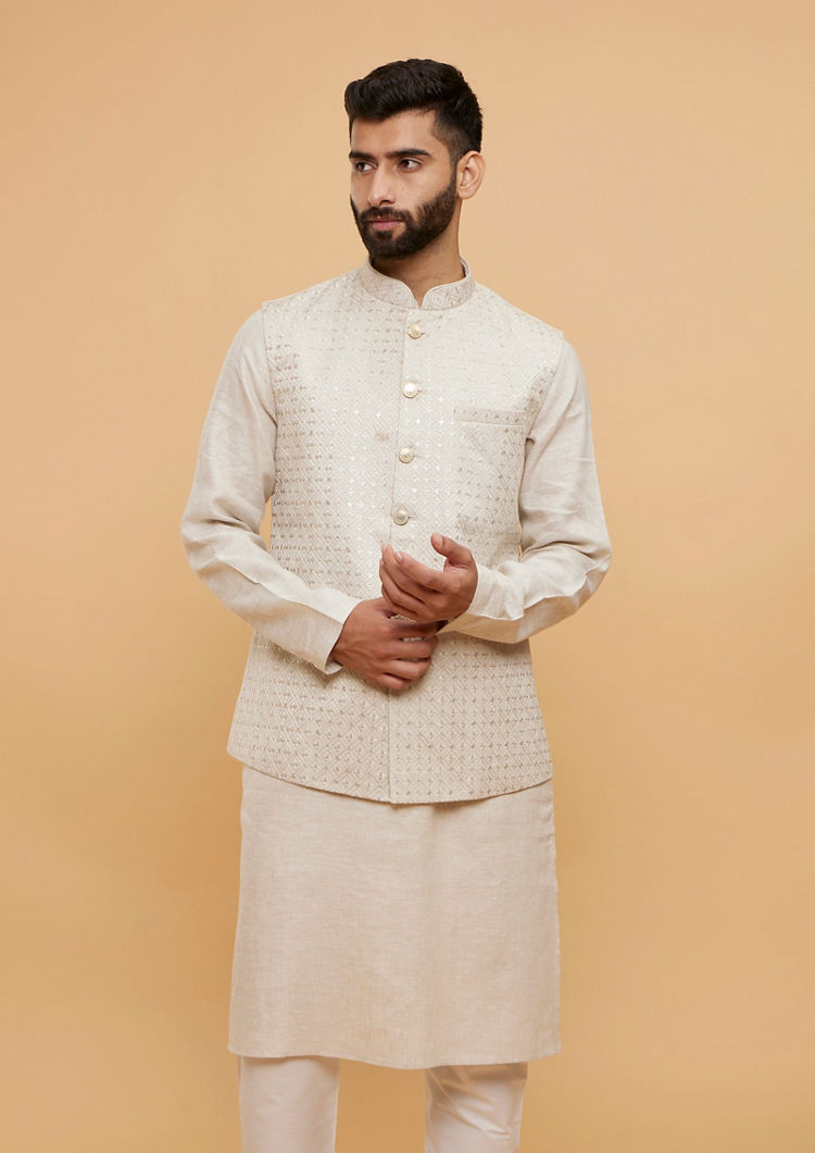 Twamev Men Natural Beige Lattice Patterned Jacket Set with Sequin Work