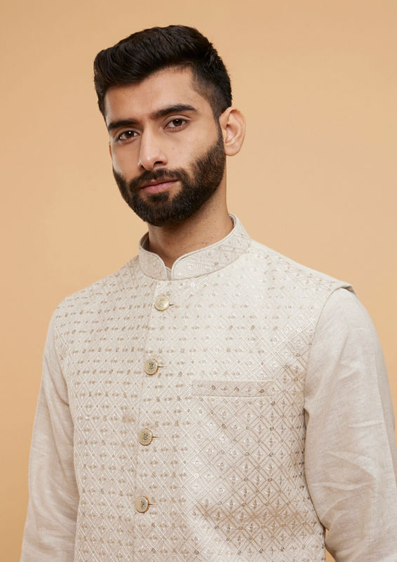 Twamev Men Natural Beige Lattice Patterned Jacket Set with Sequin Work