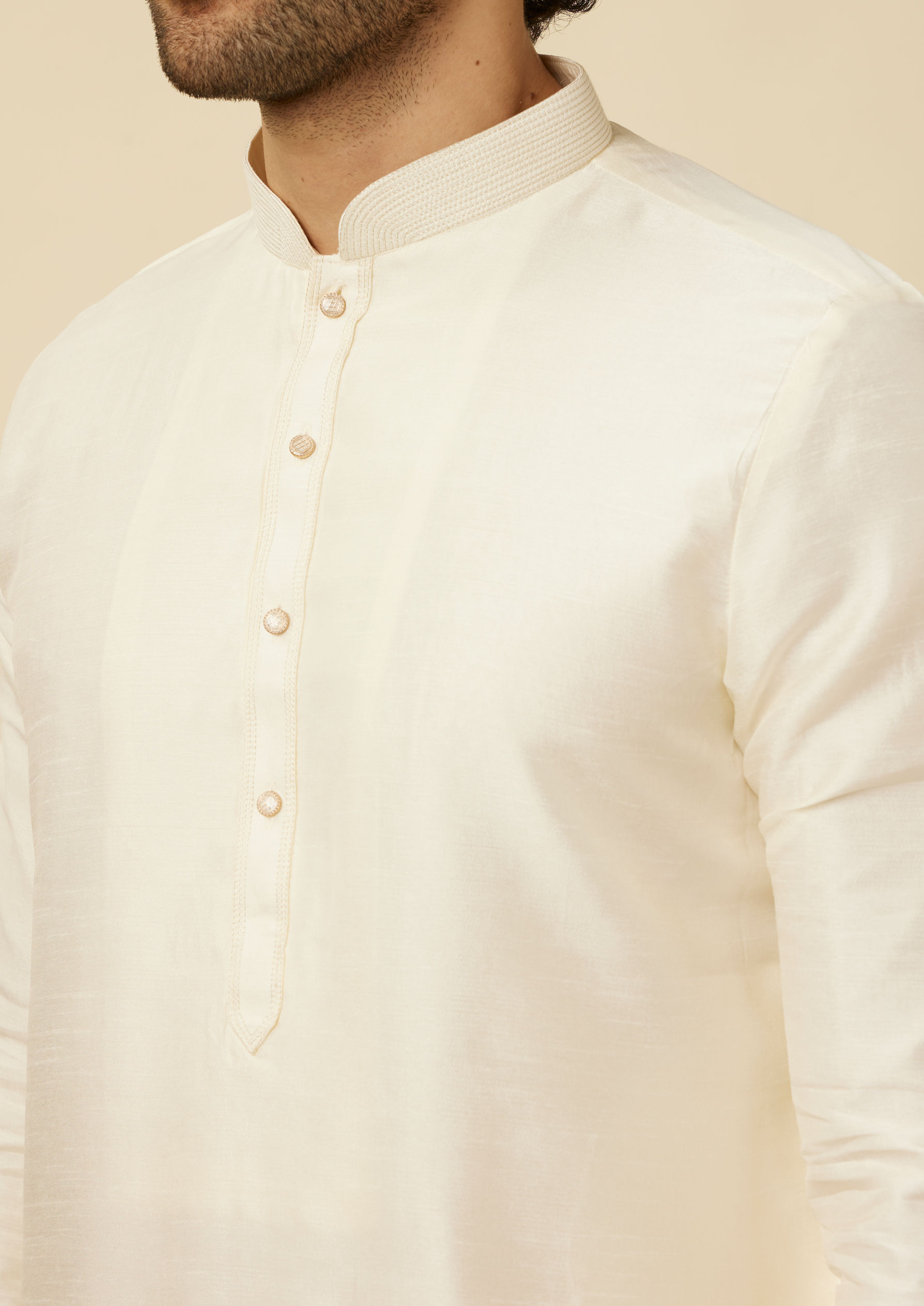 Twamev Men Cream Embroidered Kurta Jacket Set