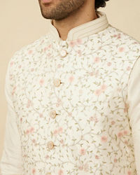 Twamev Men Cream Embroidered Kurta Jacket Set