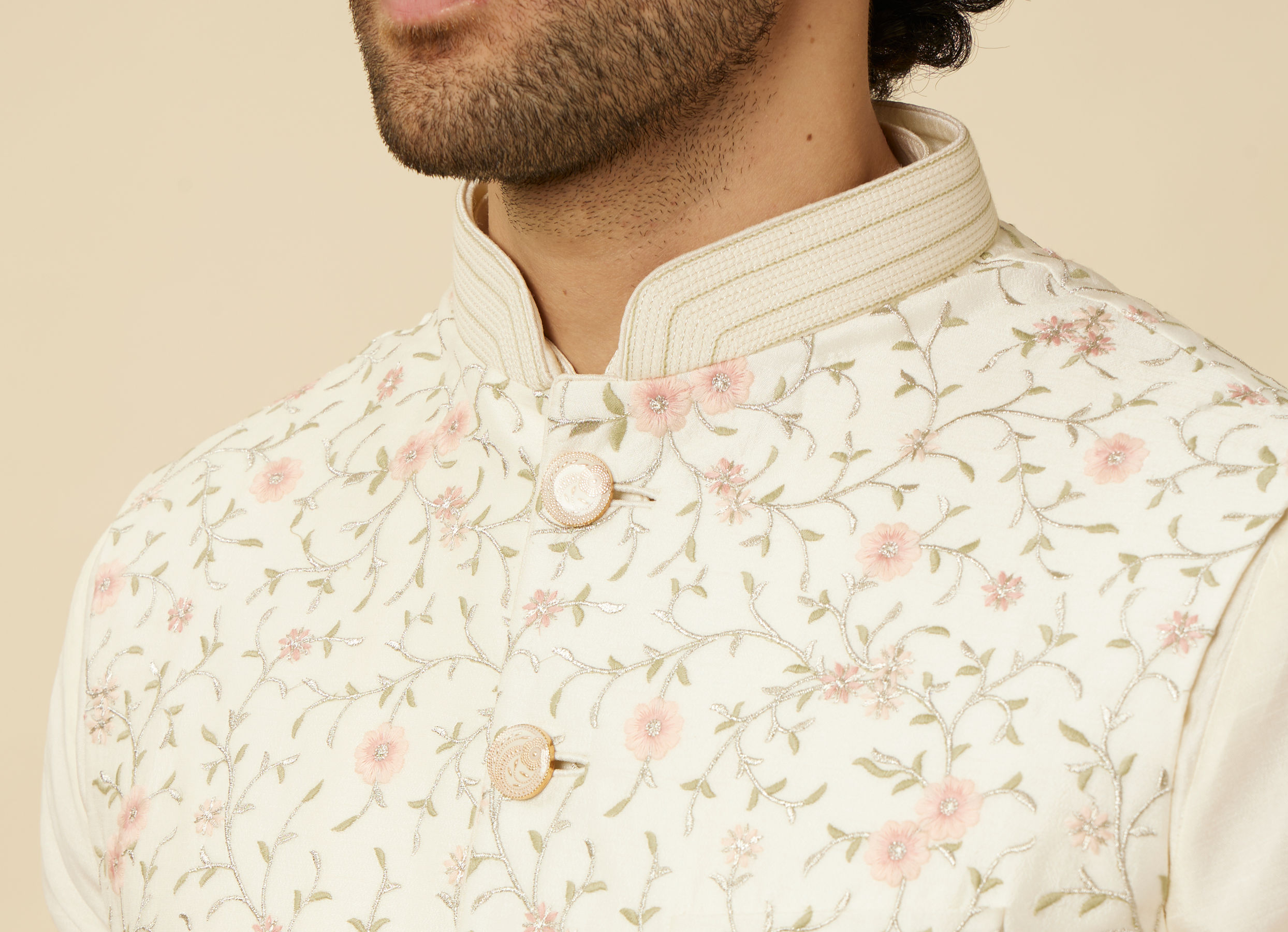 Twamev Men Cream Embroidered Kurta Jacket Set