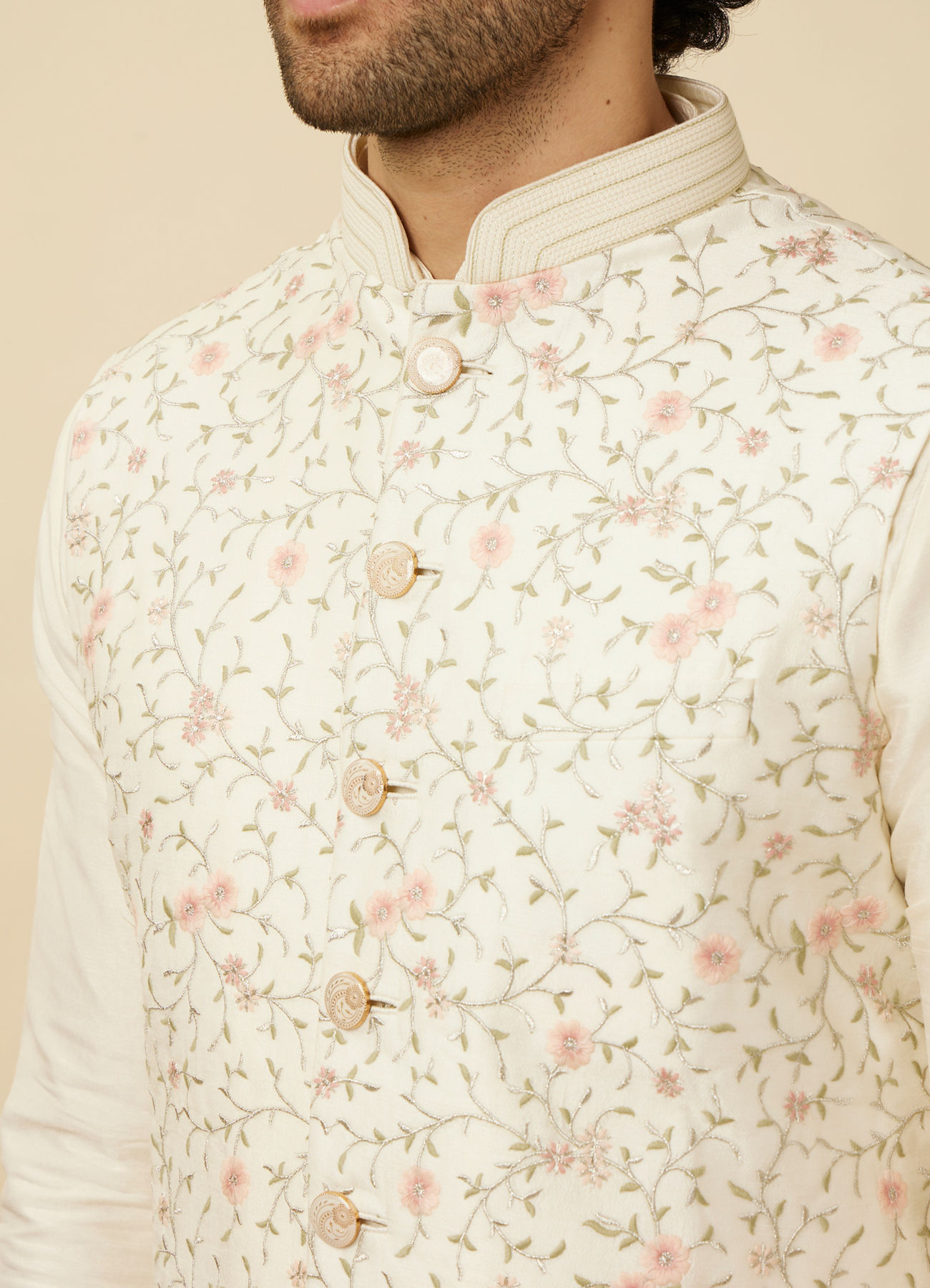 Twamev Men Cream Embroidered Kurta Jacket Set