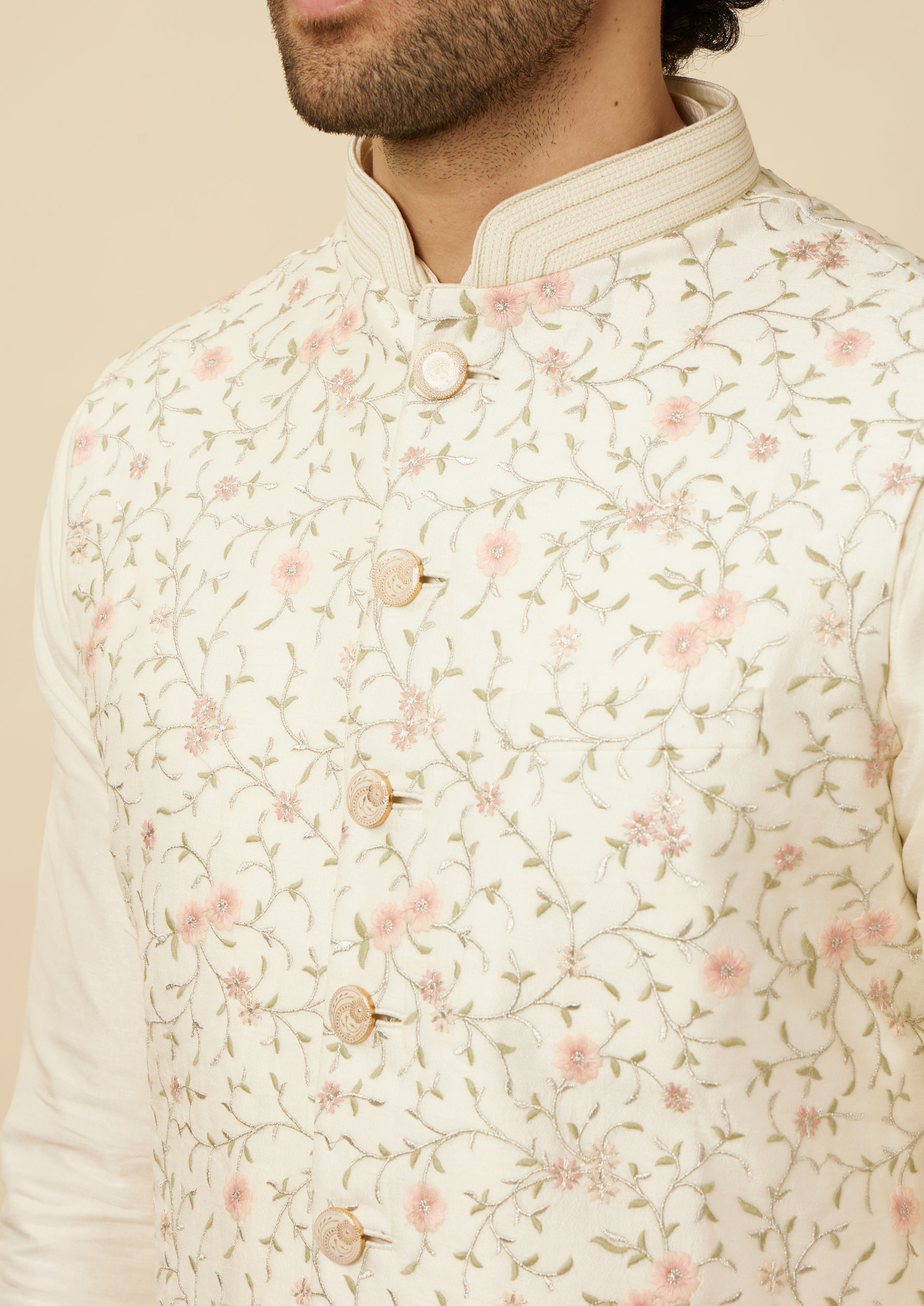 Twamev Men Cream Embroidered Kurta Jacket Set